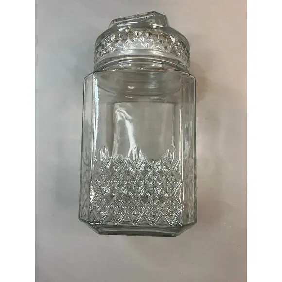 Koeze Embossed Clear Glass Jar w/Lid 9.5” Hexagon Canister Excellent Condition - Picture 1 of 5